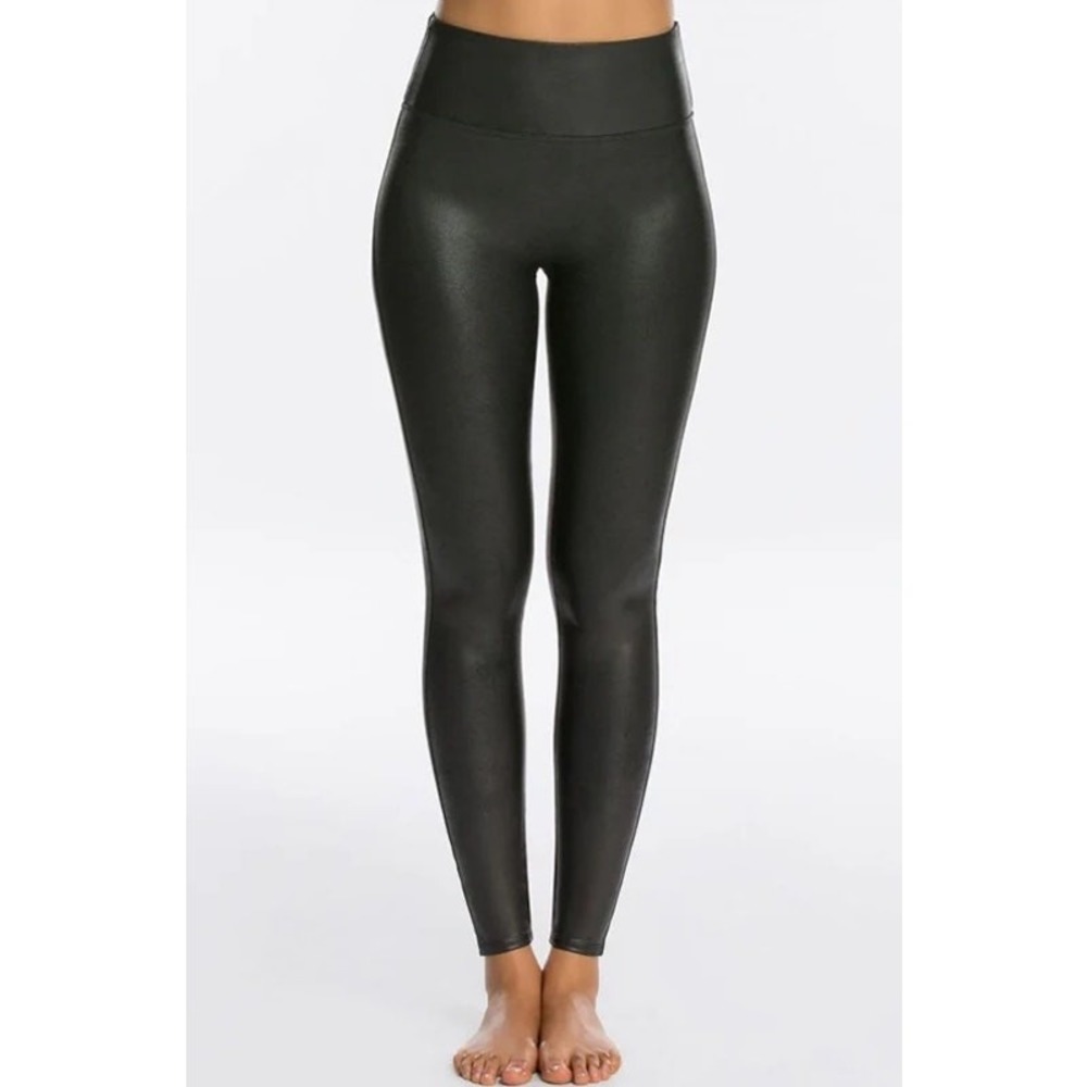 Spanx Faux Leather Leggings Womens S Black Ankle High Waisted Stretch Shaping